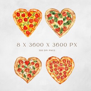 May include: Four watercolor illustrations of heart-shaped pizzas with various toppings, including pepperoni, mushrooms, green peppers, and basil. The pizzas are on a white background.