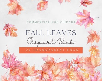 Watercolor Fall Leaves Clipart: Pink Thanksgiving Graphics (Digital Download)