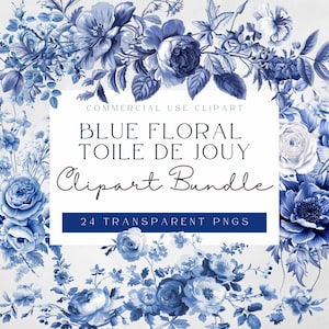 Français bleu floral toile de jouy clipart, clipart chinoiseries, scrapbooking, Junk Journal, téléchargement immédiat