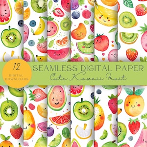 Niedliches Kawaii-Frucht-nahtloses Muster | Obst Muster | Fruchtiger Sommer Musterdesign | Digitales Papier | Stoffmuster