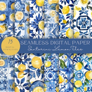 Clipart carrelage méditerranéen | Modèle sans couture | Papier numérique Santorin | Carrelage bleu méditerranéen et blanc | Citrons aquarelles
