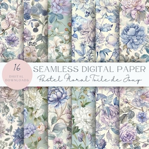 Naadloos toile-de-jouypatroon met pastel bloemen | Achtergrond lente toile | Digitaal papier met pastelkleurige bloemen | Direct downloaden | Bloemen, png