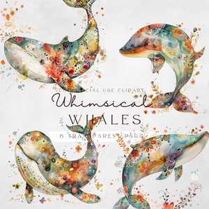 Aquarell wunderliche Wale, Clipart Bundle, transparente PNG, Sofort-Download, Print-on-Demand, kommerzielle Nutzung, Walwandkunst