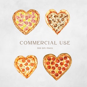May include: Four watercolor illustrations of heart-shaped pizzas with different toppings. The pizzas are on a white background. The toppings include pepperoni, mushrooms, ham, and pineapple.
