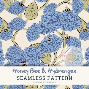Blå hortensia och honungsbi sömlöst mönster | Vintage Cottage Grandma Core (PNG) | Kommersiell licens Skriv ut på begäran | Digital nedladdning |