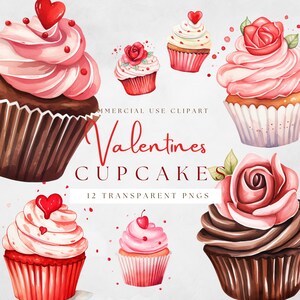 Cupcakes de dia dos namorados em aquarela, clipart de dia dos namorados, PNG transparente, download instantâneo, impressão sob demanda, uso comercial