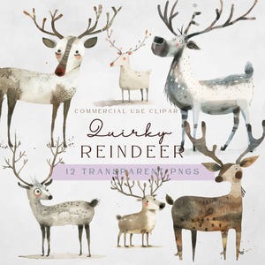 Clipart original de renne | Renne aquarelle drôle de graphiques de Noël téléchargement numérique PNG
