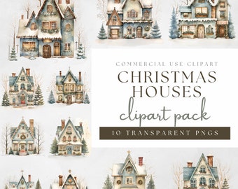 Folkie christmas houses, children’s illustration, Transparent PNG, Instant Download, Scrapbooking, Junk Journal, Commercial Use