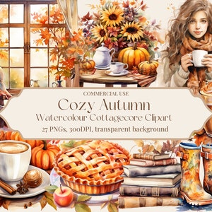 Cozy Autumn Fall Clipart Bundle, Watercolour, Cottagecore, Transparent PNG, Instant Download, Scrapbooking, Junk Journal, Commercial Use
