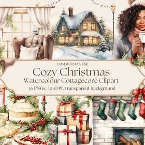 Gemütliche Weihnachten Herbst Clipart Bundle, Aquarell, Cottagecore, transparente PNG, Sofort Download, Scrapbooking, Junk Journal, kommerzielle Nutzung