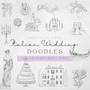 Clipart de Doodle de casamento italiano | Casamento italiano desenhado à mão | La Dolce Vita Clipart | Doodles de arte em linha desenhada | PNG | Arte Doodle