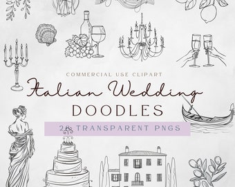 Italian Wedding Doodle Clipart | Hand drawn italian wedding | La Dolce Vita Clipart | Drawn Line Art Doodles | Png | Doodle Art