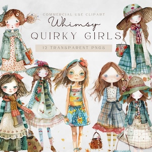 Whimsy Girl Clipart | Skurrile Mädchen Illustration | Skurrile ClipArt | Aquarell Papierpuppen | Druckbare Scrapbooking Zubehör