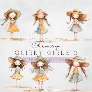 Clipart de menina caprichosa vol 2 | Ilustração peculiar peculiar menina | Clip-art peculiar | Bonecos de papel aquarela | Suprimentos para scrapbooking para impressão