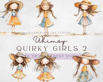 Whimsy Girl Clipart vol 2 | Whimsical Quirky Girl Illustration | Quirky clip art | Watercolor Paper Dolls | Printable Scrapbooking Supplies