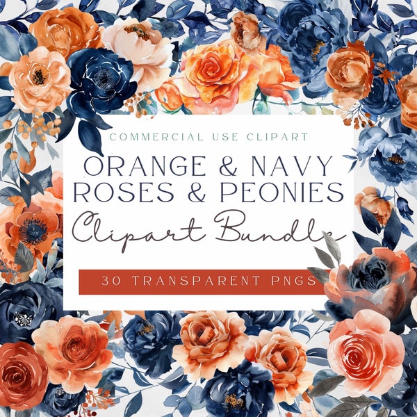 Peonie and Roses Fall Wedding Flowers Clip Art | Floral Clipart | Transparent Pngs | Burnt Orange and Navy Florals | Commercial Use