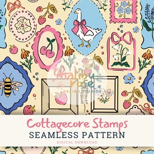 Motif cottagecore sans couture avec silly goose, fraises, fleurs rétro et cadres vintage, patchwork png, licence commerciale