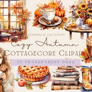 Cozy Autumn Fall Clipart Bundle, Watercolour, Cottagecore, Transparent PNG, Instant Download, Scrapbooking, Junk Journal, Commercial Use