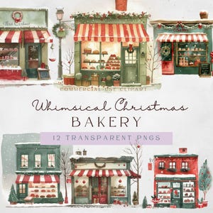 Aquarelle confortable de Noël boulangerie vitrine Clipart - scènes d'hiver - téléchargement numérique - décoration festive