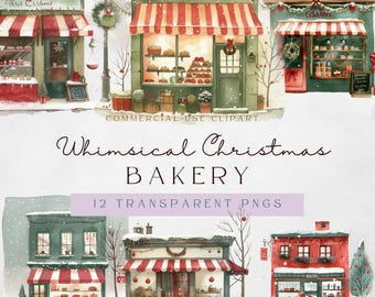 Könnte beinhalten: Zwölf digitale Illustrationen von skurrilen Weihnachtsbäckereien mit rot-weiß gestreiften Markisen, grünem Zierleisten und schneebedeckten Dächern. Die Bäckereien haben Fenster, in denen Weihnachtsleckereien und Dekorationen ausgestellt sind. Der Text "Whimsical Christmas Bakery" und "12 Transparent PNGs" wird unter den Bildern angezeigt.