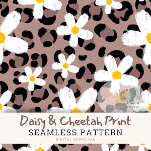 Daisy and Cheetah Print Seamless Pattern, leopard print fabric sublimation, preppy coquette digital download, commerical license