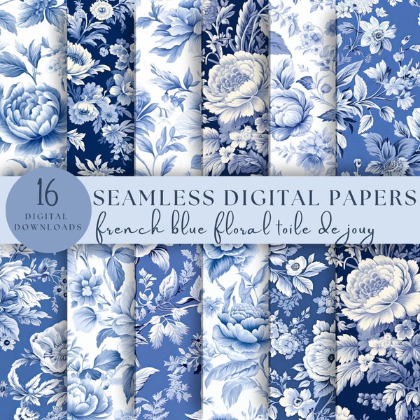 French Blue Floral Toile de Jouy Digital Paper, Seamless Pattern, Scrapbooking, Junk Journal, Instant Download