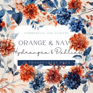 Orange brûlé et bleu marine mariage Floral Clipart | Fleurs de mariage automne clipart | Dahlia orange brûlé et bleu marine | Utilisation commerciale