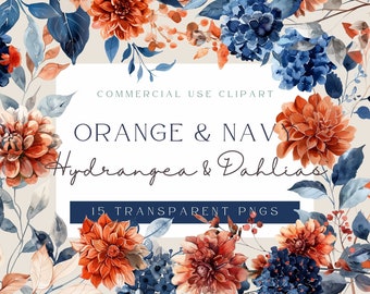 Burnt Orange and Navy Wedding Floral Clipart |Fall Wedding Flowers Clip Art | Burnt Orange and Navy Dahlia | Commercial Use
