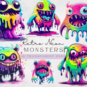 Kleine Monster Clipart | Neon Retro Monster PNG | Halloween-Monster | 90er Jahre Neon Slime Monster | Halloween Clipart | Kommerzielle Nutzung