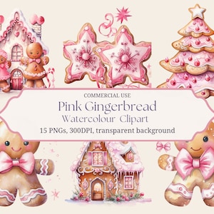 Uroczy różowy piernik clipart akwarela, przezroczysty PNG, natychmiastowe pobieranie, scrapbooking, dziennik śmieci, wykorzystanie komercyjne