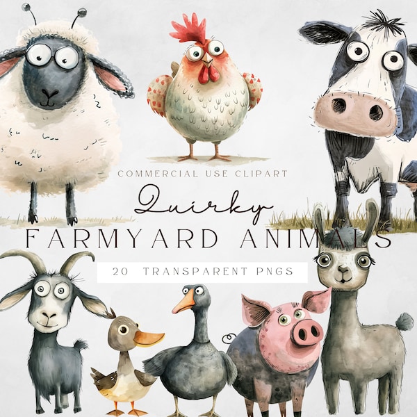 Digital Download | Quirky Farmyard Animal Clipart | Wall Art | Personal Use | Cat - Instant Download | Cute Farm Animals | Junk Journaling