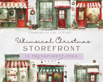 Watercolor Christmas Storefront Clipart: Snowy Winter PNG Bundle (Digital Download)