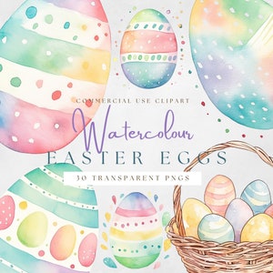 Paquete de imágenes prediseñadas de huevos de Pascua en acuarela pastel, acuarela, PNG transparente, descarga instantánea, álbum de recortes, diario basura, uso comercial