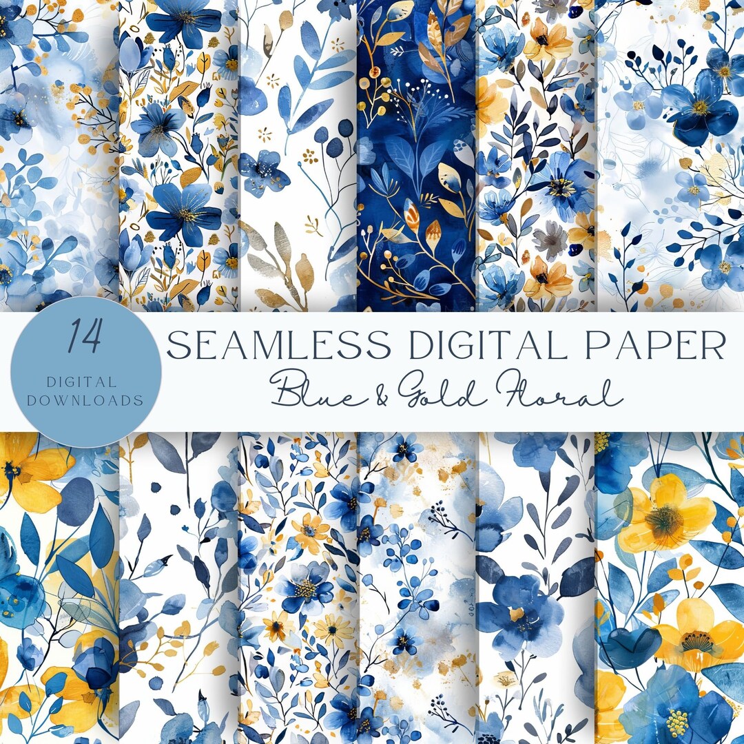 Blue and Gold Summer Flowers Seamless Pattern | Floral Digital Paper ...