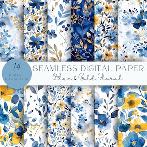 Könnte beinhalten: Ein Set mit 14 digitalen Papieren mit nahtlosen Mustern aus blauen und goldenen Aquarellblumen. Der Text "14 Seamless Digital Paper Blue & Gold Floral" ist auf dem Bild zu sehen.