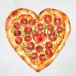 May include: A heart-shaped pizza with a red heart in the center, topped with red tomato slices and green herbs. The pizza has a golden crust and is painted in a watercolor style.