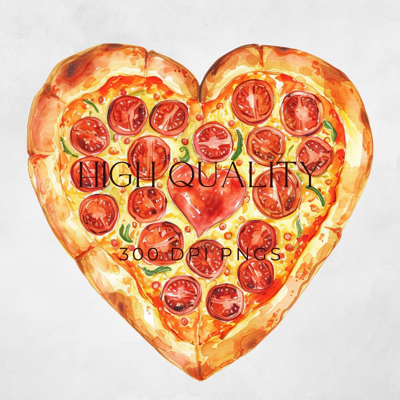 May include: A heart-shaped pizza with a red heart in the center, topped with red tomato slices and green herbs. The pizza has a golden crust and is painted in a watercolor style.