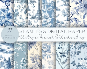 Vintage französischen blauen Blumen Toile de Jouy digitales Papier, nahtlose Muster, Scrapbooking, Junk Journal, Instant Download