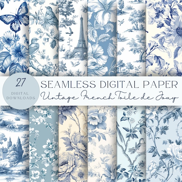 Vintage francés azul floral Toile de Jouy papel digital, patrón sin costuras, scrapbooking, diario basura, descarga instantánea