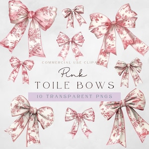 Toile Rosa Clipart | Clipart de arco rosa | Laço Coquete | Padrão Toile de Jouy | Uso Comercial | Download digital