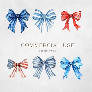 May include: Five watercolor illustrations of bows in red, white, and blue. The bows are in various styles and patterns, including striped and solid colors. The bows are perfect for adding a touch of patriotism to any project.