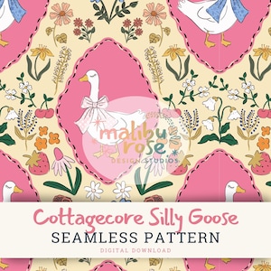 May include: A seamless pattern with white geese wearing pink bows, set amongst floral and fruit illustrations. The design includes the text "Cottagecore Silly Goose Seamless Pattern" in pink, against a cream background with pink diamond shapes.