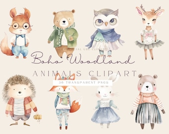 Woodland Animals Clipart | Forest Animals Clipart | Transparent Background | Commercial Use Clipart Transparent | Cute Boho Baby Animals