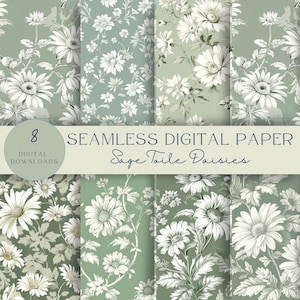 Papier numérique toile de jouy sauge marguerites, motif transparent, scrapbooking, journal indésirable, téléchargement immédiat