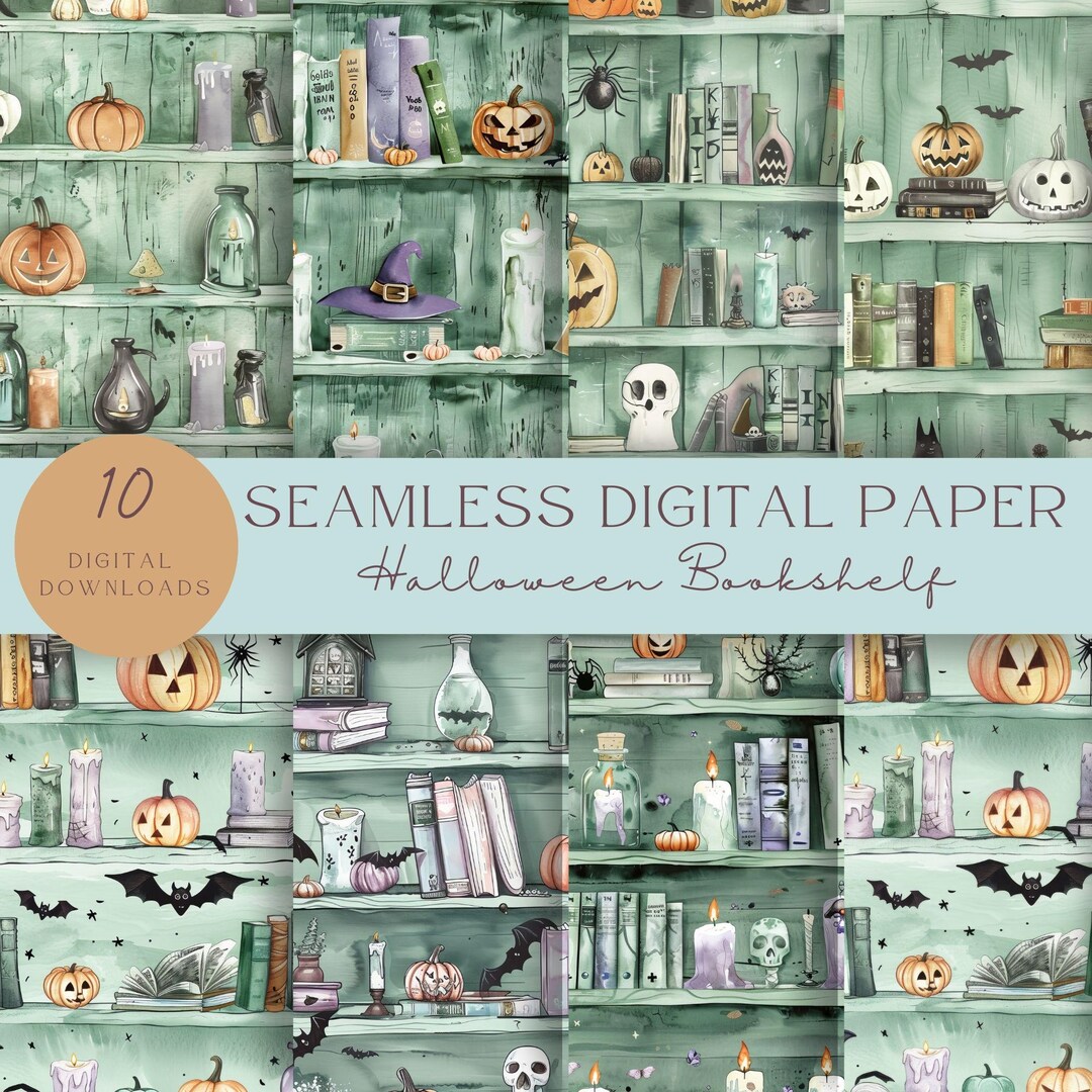 Halloween Bookish Seamless Pattern: Ghost Bookshelf Design (digital ...