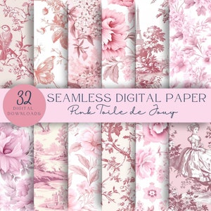 Rosa Toile de Jouy, digitales Papier, Musterdesign, Scrapbooking, Junk Journal, Instant Download