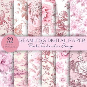 Light Pink Toile de Jouy Digital Paper, Seamless Pattern, Scrapbooking, Junk Journal, Instant Download