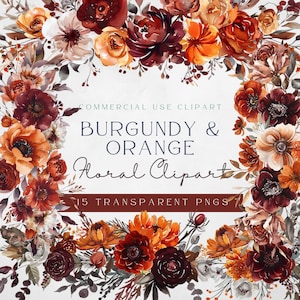 Aquarelle florale bordeaux et orange brûlé | Clipart fleurs bohèmes | Bourgogne fleur png | Clipart pivoine | Clipart mariage d'automne