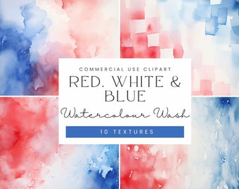 Rood-witte en blauwe aquarelwastextuur, abstracte achtergrond, aquarelplons, penseelstreken, Onafhankelijkheidsdag, aquareltexturen