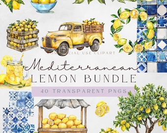 Mediterranean Lemon Clipart | Scrapbook Paper | Summer Clipart | Mediterranean Watercolor Clipart Bundle | Lemon Tree Clipart | Lemon Wreath